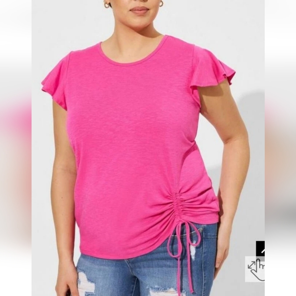 Torrid Size 1 1X Pink Super Soft Slub Flutter Sleeve Drawstring Side Tie Tee NWT